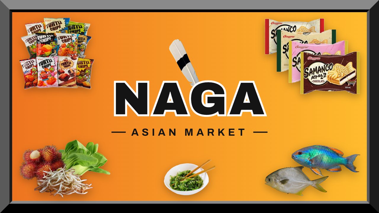 Naga Asian Market — our logo surrounded by snacks, frozen treats, produce, seaweed salad and fresh fish